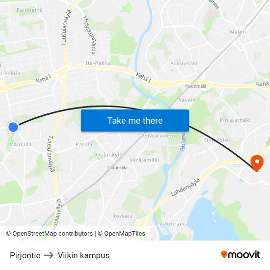Pirjontie to Viikin kampus map
