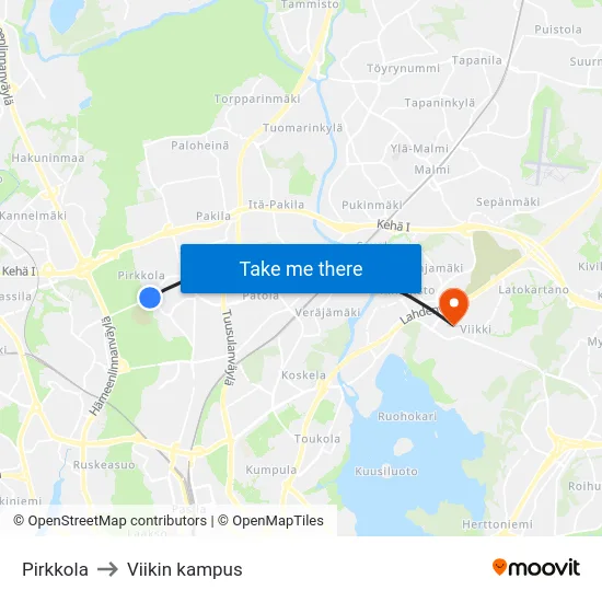 Pirkkola to Viikin kampus map