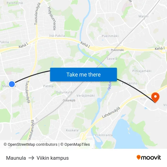 Maunula to Viikin kampus map