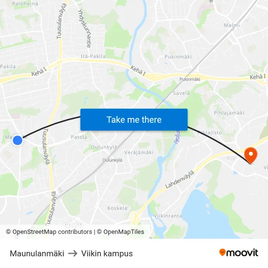 Maunula Hill to Viikki Campus map