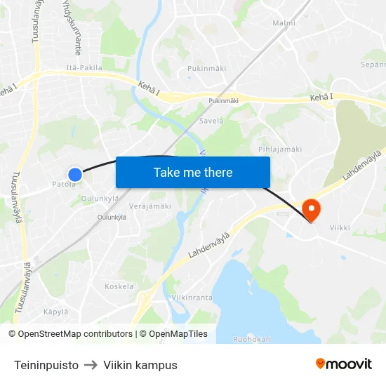 Teininpuisto to Viikin kampus map