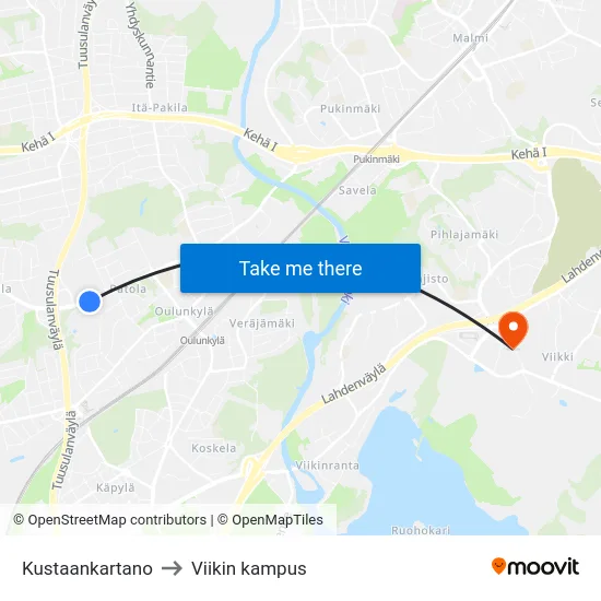 Kustaankartano to Viikin kampus map