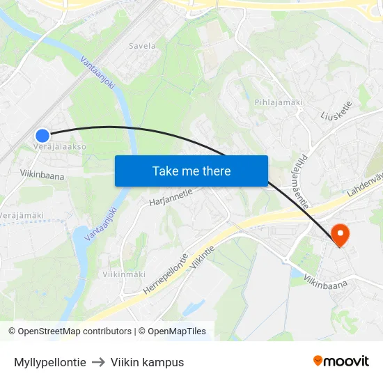 Myllypellontie to Viikin kampus map