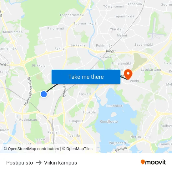 Postipuisto to Viikin kampus map