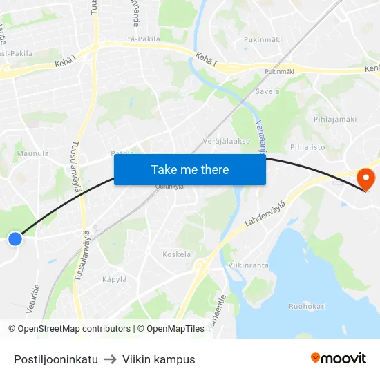 Postiljooninkatu to Viikin kampus map