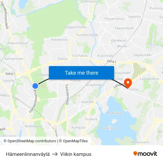 Hämeenlinnanväylä to Viikin kampus map