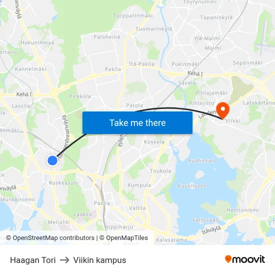 Haagan Tori to Viikin kampus map