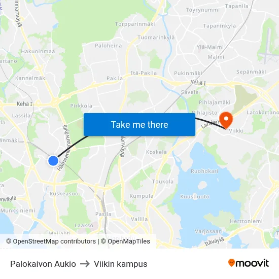 Palokaivon Aukio to Viikin kampus map
