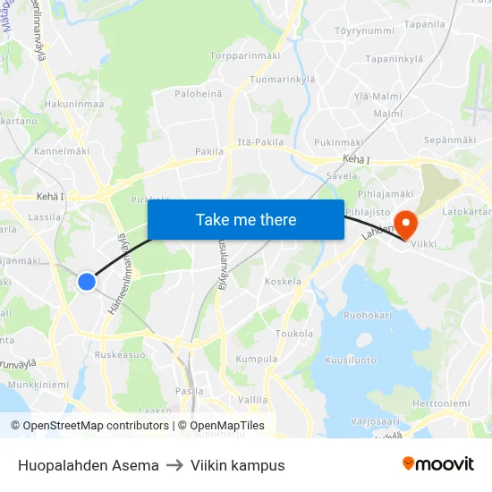 Huopalahden Asema to Viikin kampus map