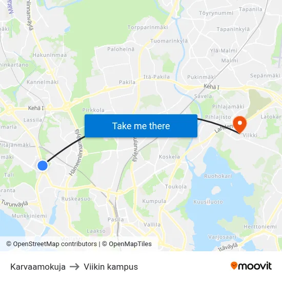 Karvaamokuja to Viikin kampus map