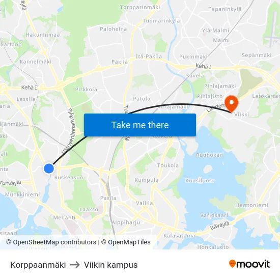 Korppaanmäki to Viikin kampus map