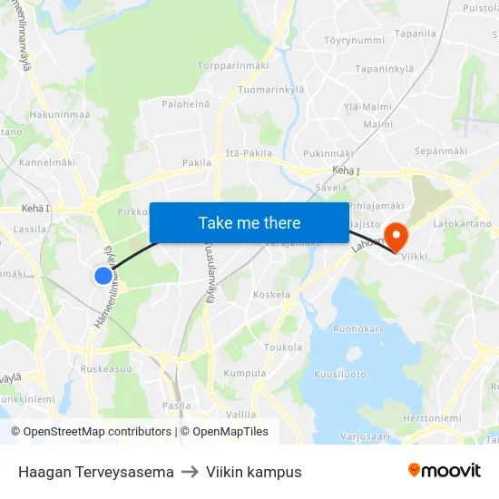 Haagan Terveysasema to Viikin kampus map