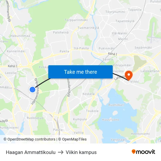 Haaga Vocational School to Viikki Campus map