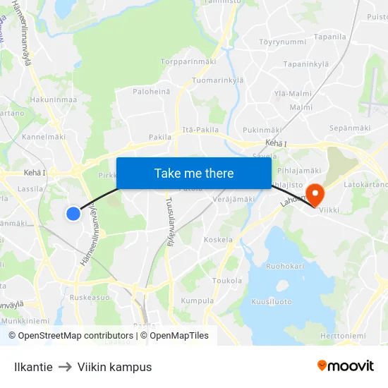 Ilkantie to Viikin kampus map