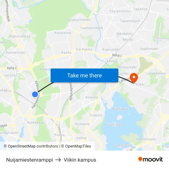Nuijamiestenramppi to Viikin kampus map
