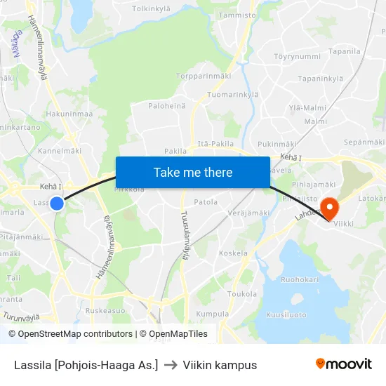 Lassila [Pohjois-Haaga As.] to Viikin kampus map