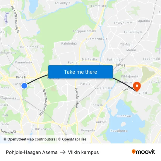 Pohjois-Haagan Asema to Viikin kampus map