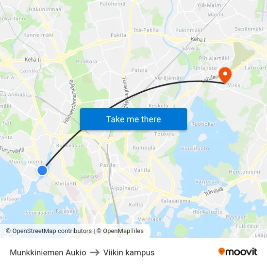 Munkkiniemen Aukio to Viikin kampus map