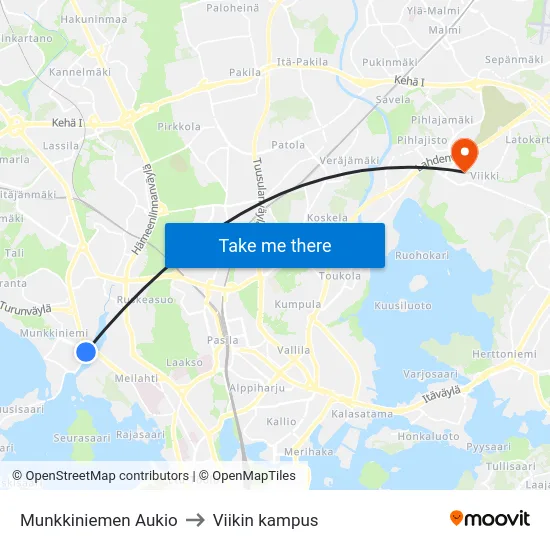Munkkiniemen Aukio to Viikin kampus map