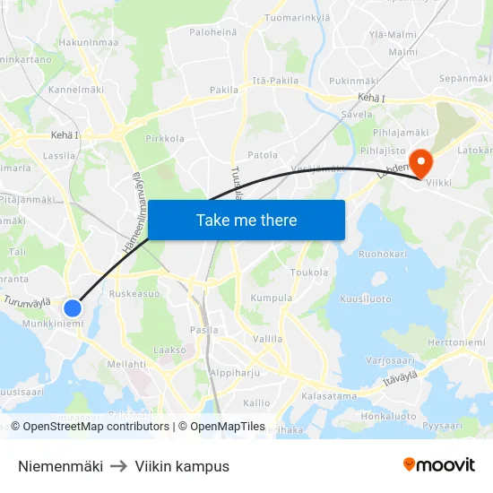 Niemenmäki to Viikin kampus map