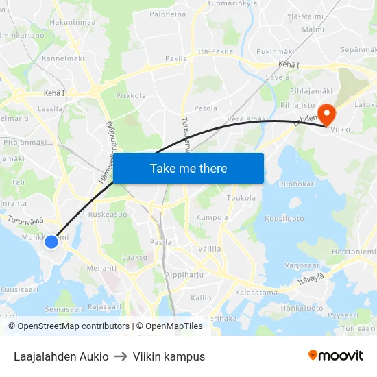 Laajalahden Aukio to Viikin kampus map