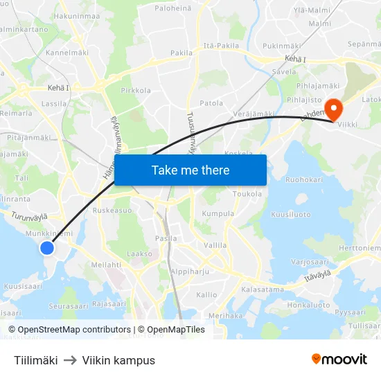 Tiilimäki to Viikin kampus map