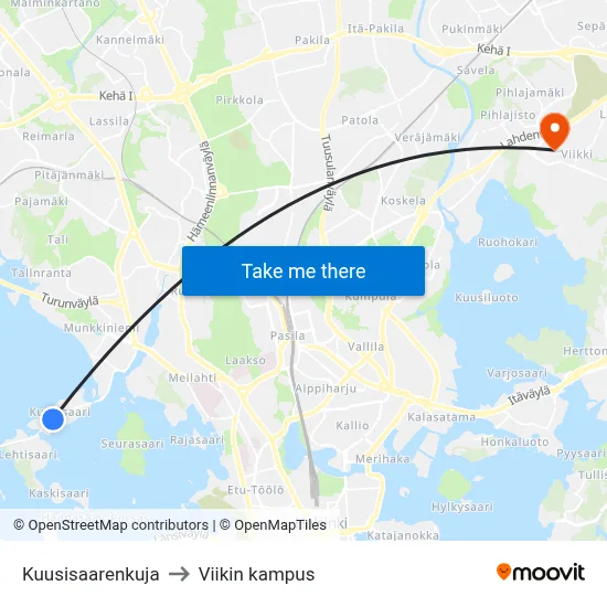 Kuusisaarenkuja to Viikin kampus map