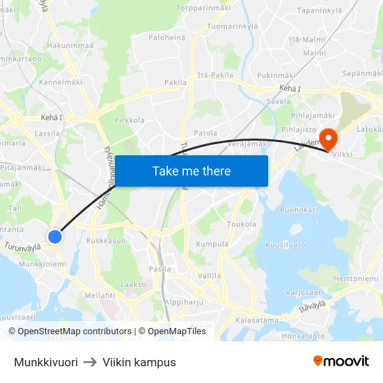 Munkkivuori to Viikin kampus map