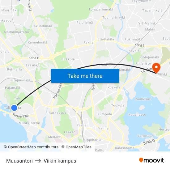 Muusantori to Viikin kampus map