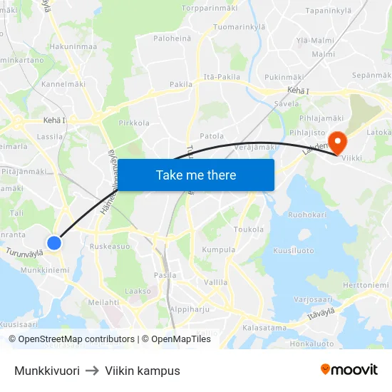 Munkkivuori to Viikin kampus map