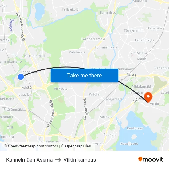 Kannelmäen Asema to Viikin kampus map