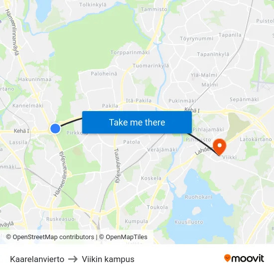 Kaarelanvierto to Viikin kampus map