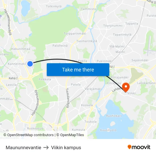 Maununnevantie to Viikin kampus map