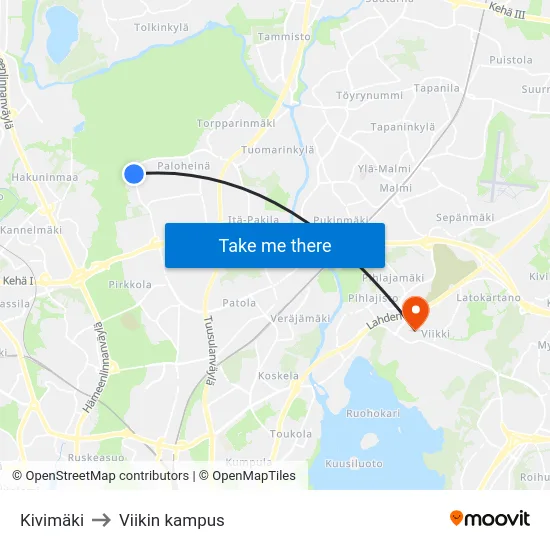 Kivimäki to Viikin kampus map