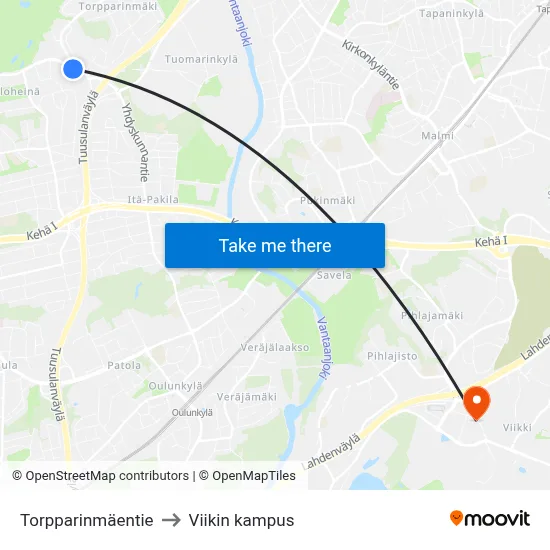 Torpparinmäentie to Viikin kampus map