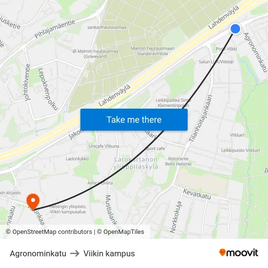 Agronominkatu to Viikin kampus map