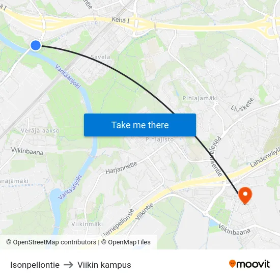 Isonpellontie to Viikin kampus map