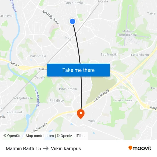 Malmin Raitti 15 to Viikin kampus map