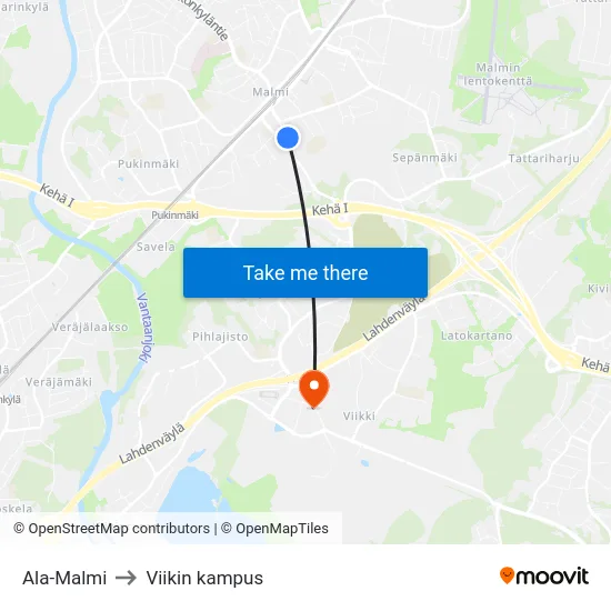 Ala-Malmi to Viikin kampus map