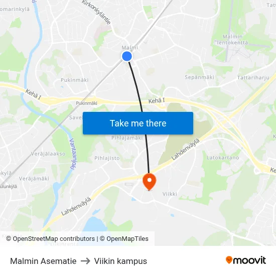 Malmin Asematie to Viikin kampus map