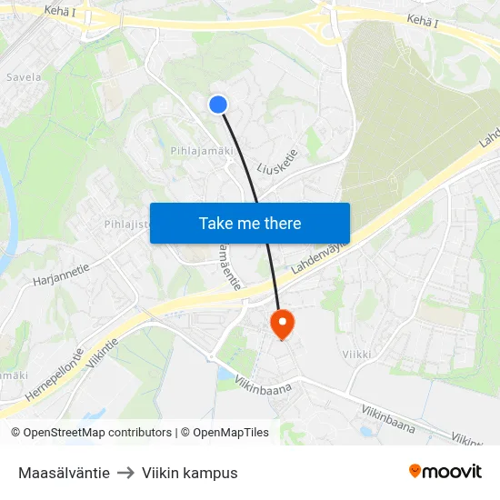 Maasälväntie to Viikin kampus map