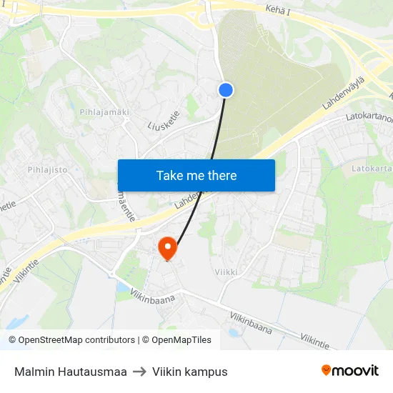 Malmin Hautausmaa to Viikin kampus map