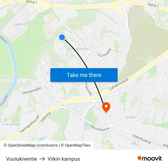 Vuolukiventie to Viikin kampus map