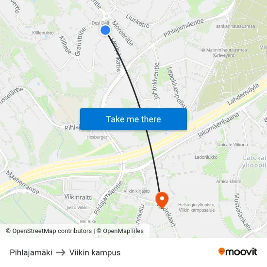 Pihlajamäki to Viikki Campus map