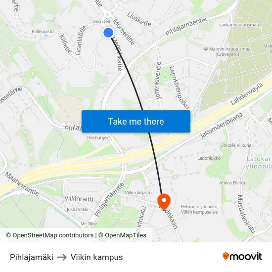 Pihlajamäki to Viikin kampus map
