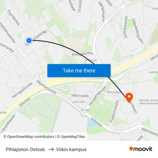 Pihlajiston Ostosk. to Viikin kampus map