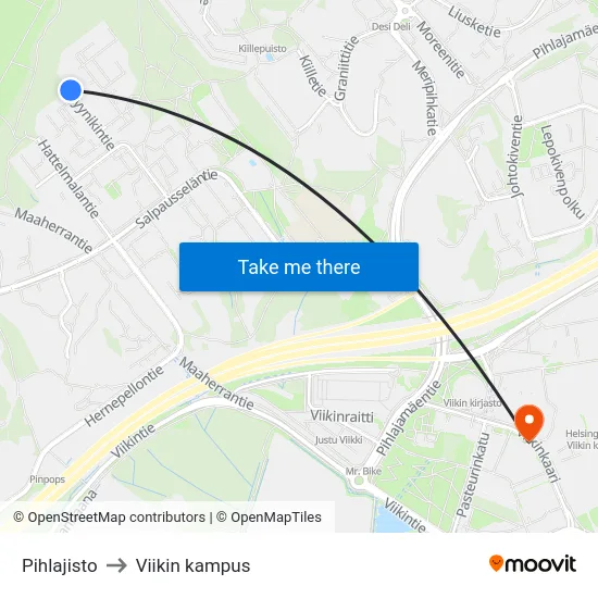 Pihlajisto to Viikin kampus map