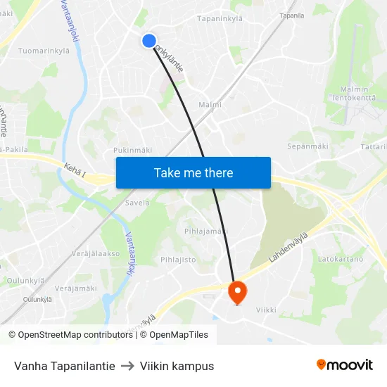 Vanha Tapanilantie to Viikin kampus map