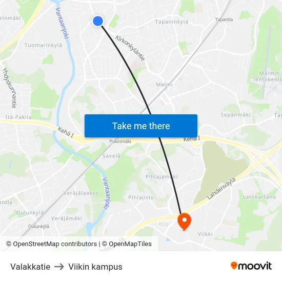 Valakka Road to Viikki Campus map