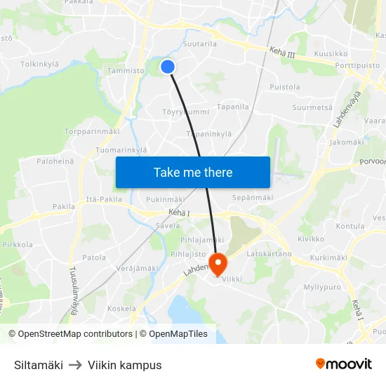Siltamäki to Viikin kampus map